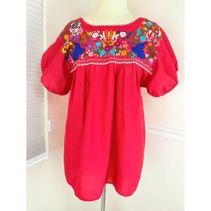 Handmade Red Peasant Blouse with Flower Detail Puffy Sleeves XL
